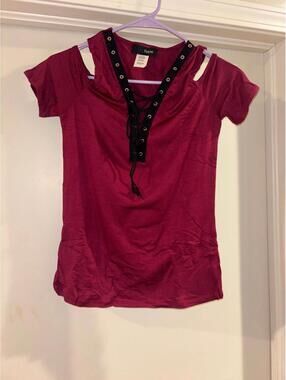 Hype Lace Up Cutout Shoulder Top Burgundy Red Short Sleeve Women’s S-XL NWOT